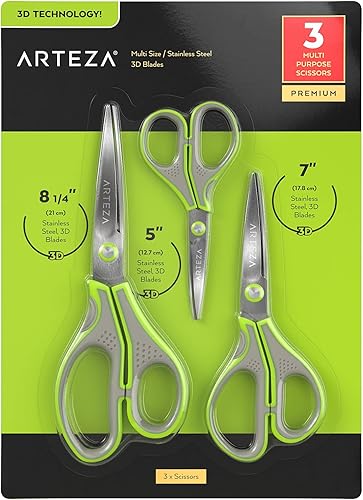Arteza Tijeras para el hogar, juego de 3  5, 7 y 8.25 pulgadas, tijeras multiusos con cuchillas 3D de acero inoxidable, suministros para el hogar
