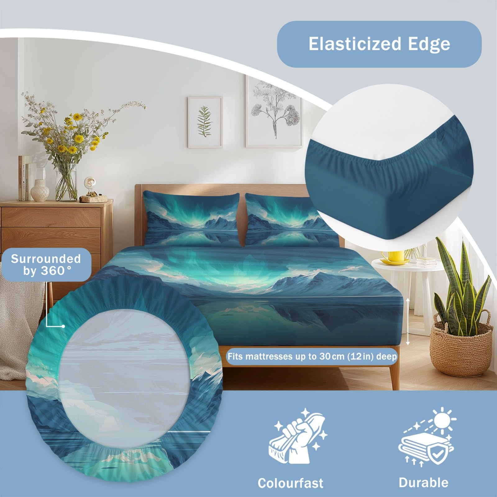 Poszwa na kołdrę Natura Krajobraz Zestaw pościeli 4 sztuki Śnieżna Góra Zorza Śnieżna, Mikrofibra Model Zestaw pościeli Aqua Blue z 2 poszewkami na poduszki i 1 prześcieradłem z gumką 240 x 220 cm