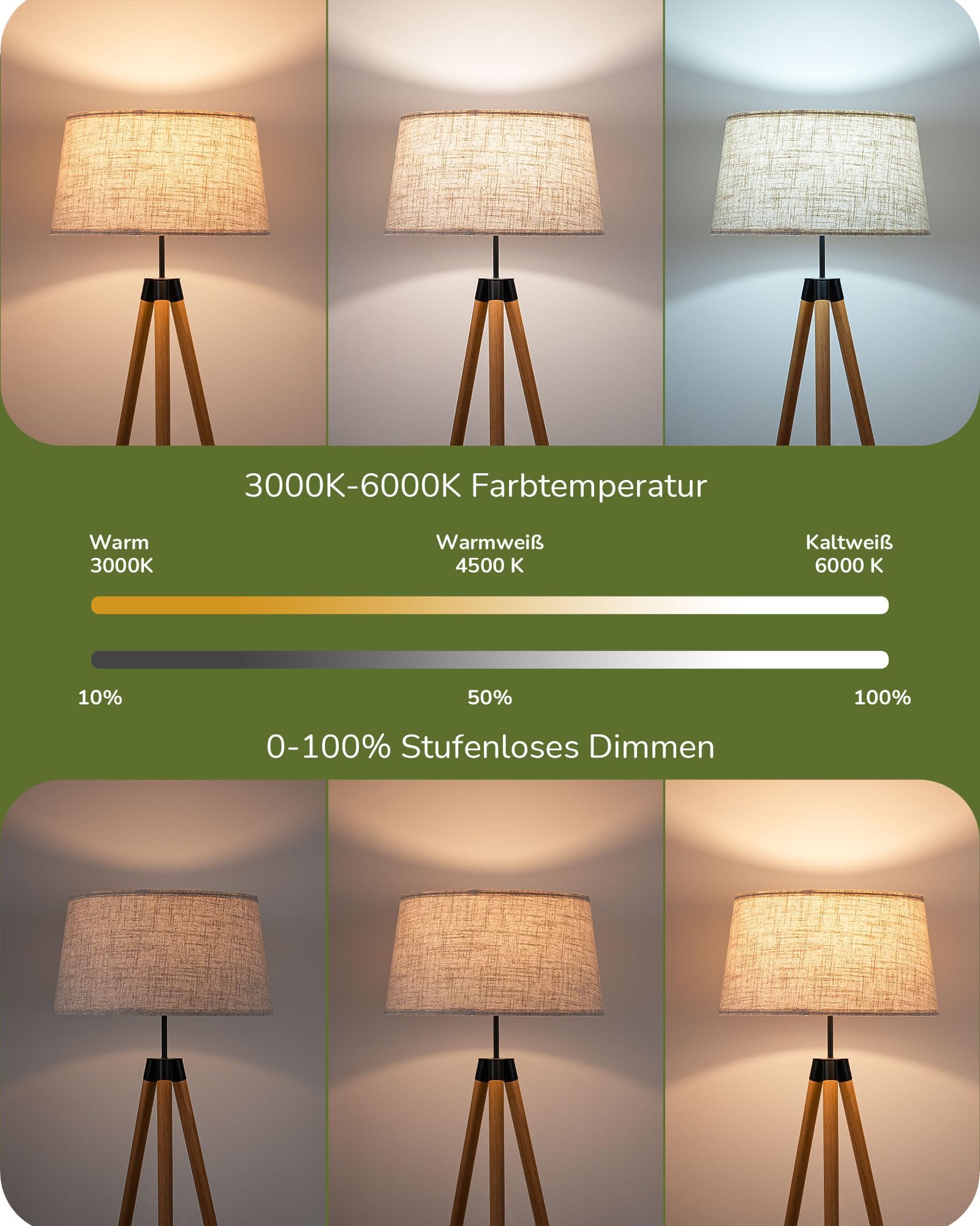 EDISHINE Stehlampe Wohnzimmer Dimmbar, Stehleuchte Boho mit Stativ aus Holz, inkl. E27 LED Glühbirne & Fernbedienung, Vintage Lampenschirm-Leinen, Leselampe für Esszimmer & Kinderzimmer
