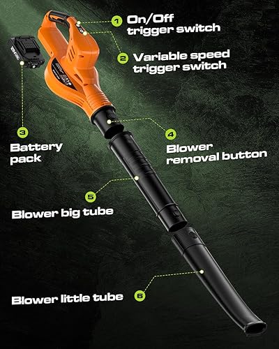 Miniatura 7 de Soplador de hojas inalámbrico, soplador eléctrico de hojas inalámbrico con 2 baterías y cargador, 160 MPH, soplador de hojas alimentado por batería