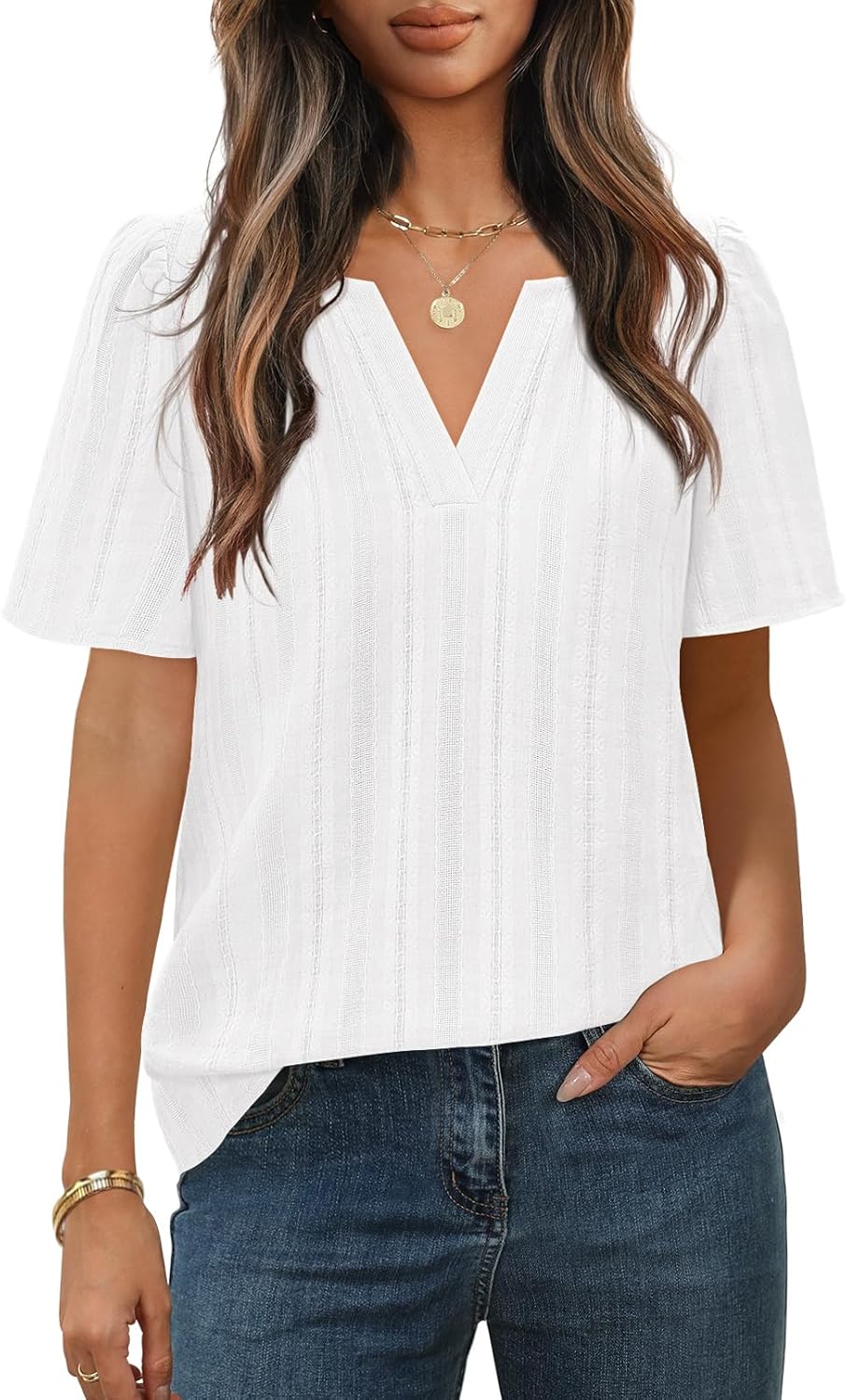 MEROKEETY Women's Summer Business Casual Blouse Tops Dressy Short Sleeve V Neck Loose Fit Work T Shirts - Image 2