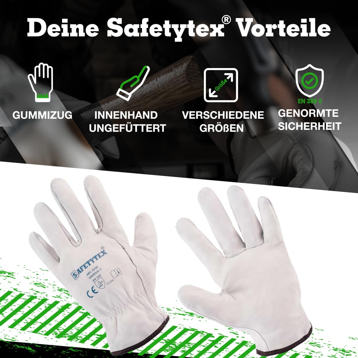 Safetytex Nappaleder Arbeitshandschuhe Naturfarben (Gr.12, 12 Paar) | Leder Schweißerhandschuhe, robuste Montagehandschuhe, optimaler Schutz, höchste Ansprüche, langlebig