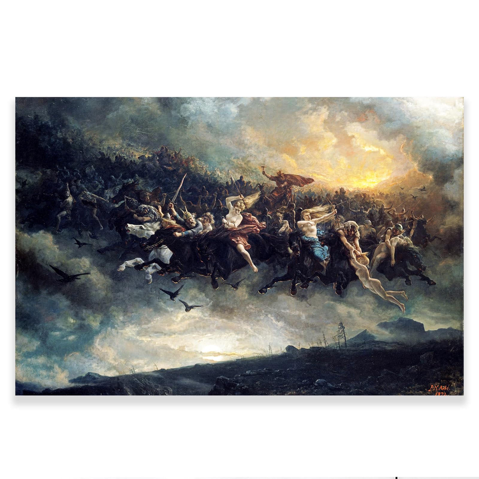 ZZPT The Wild Hunt Of Odin Painting Poster - by Peter Nicolai Arbo - Norse Mythology Canvas Wall Art - Germanic Viking Norse Pagan God Odin Sky War Print Picture Viking Wall Decor