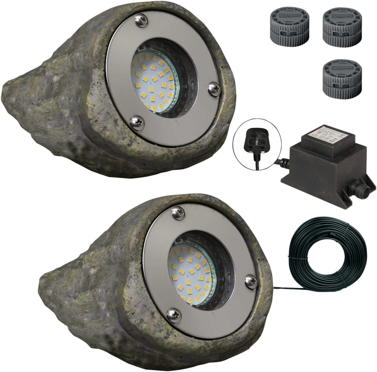 12V Garden Rock Lights Kit with Transformer & 10m Cable, Weather Resistant Polyresin Gravel Finish Lights for Statues, Water Features, Bushes & Trees