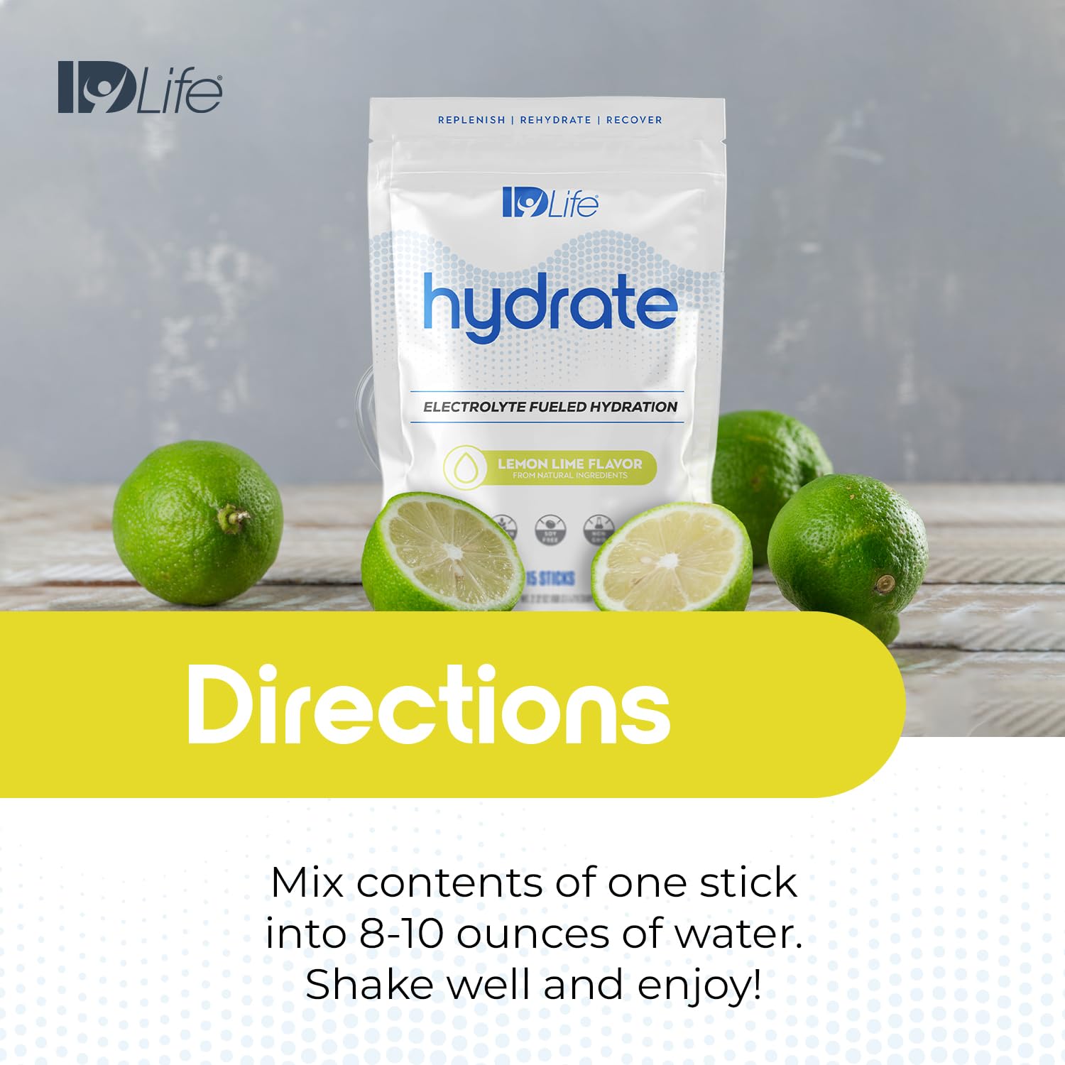 IDLife Lemon Lime Hydrate Drink Powder - Instant Electrolyte Fueled Hydration with Vitamins, MCTs & Minerals for Vital Nutrients - 15 Sticks per Bag