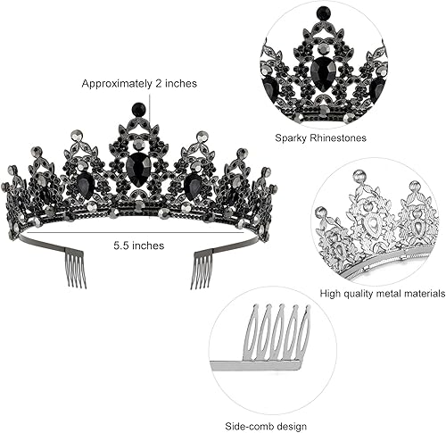 Miniatura 2 de SuPoo Banda negra de cumpleaños y corona de metal para mujer, decoración de princesa con purpurina con peine, recuerdo de fiesta de feliz cumpleaños