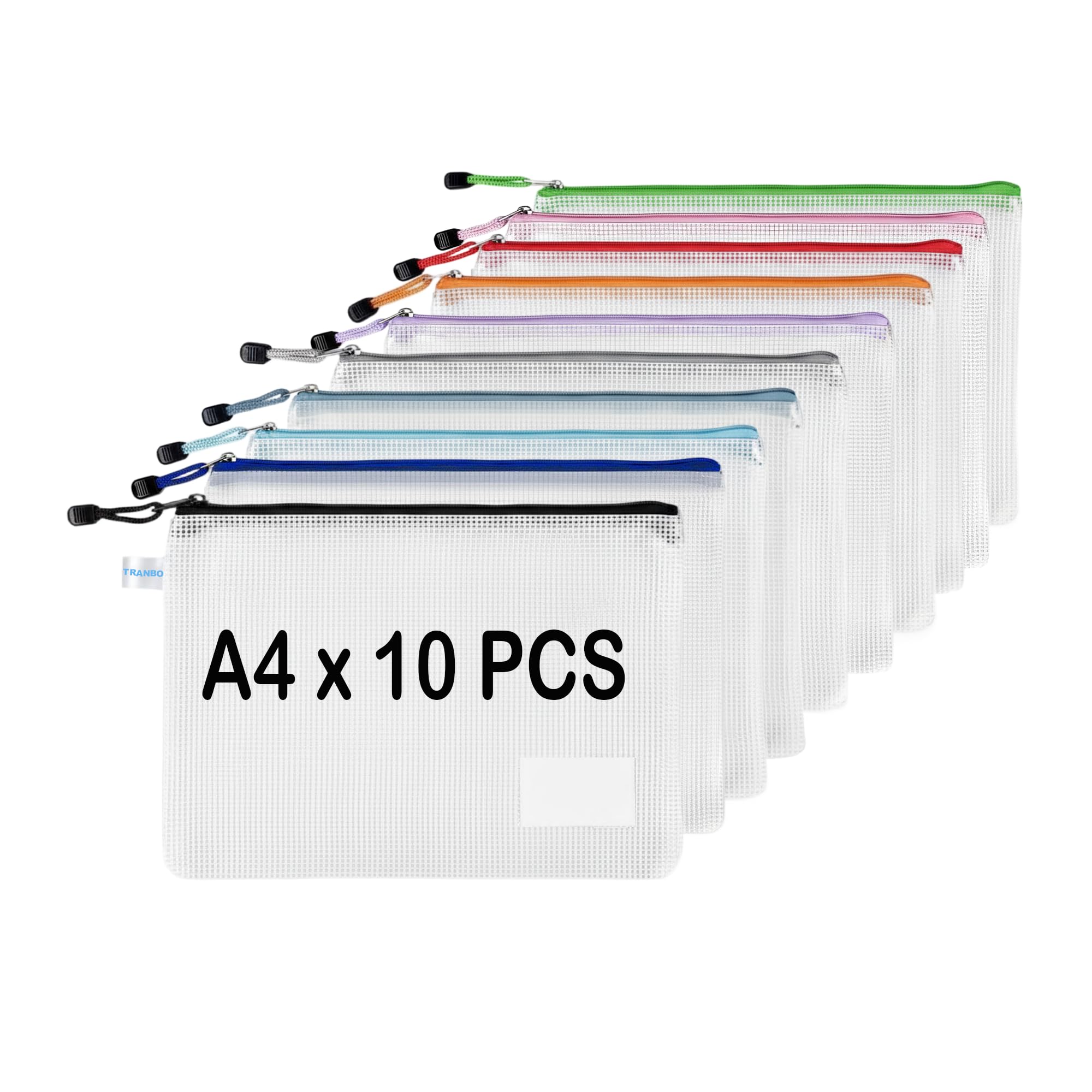 10 Pcs A4 Wallets Mesh Zipper Pouch with Label Pocket, TRANBO Plastic Zip-Lock File Folder Bags for School Home Office Storage, Travel Document, Luggage Items Organizer - 34 24 cm