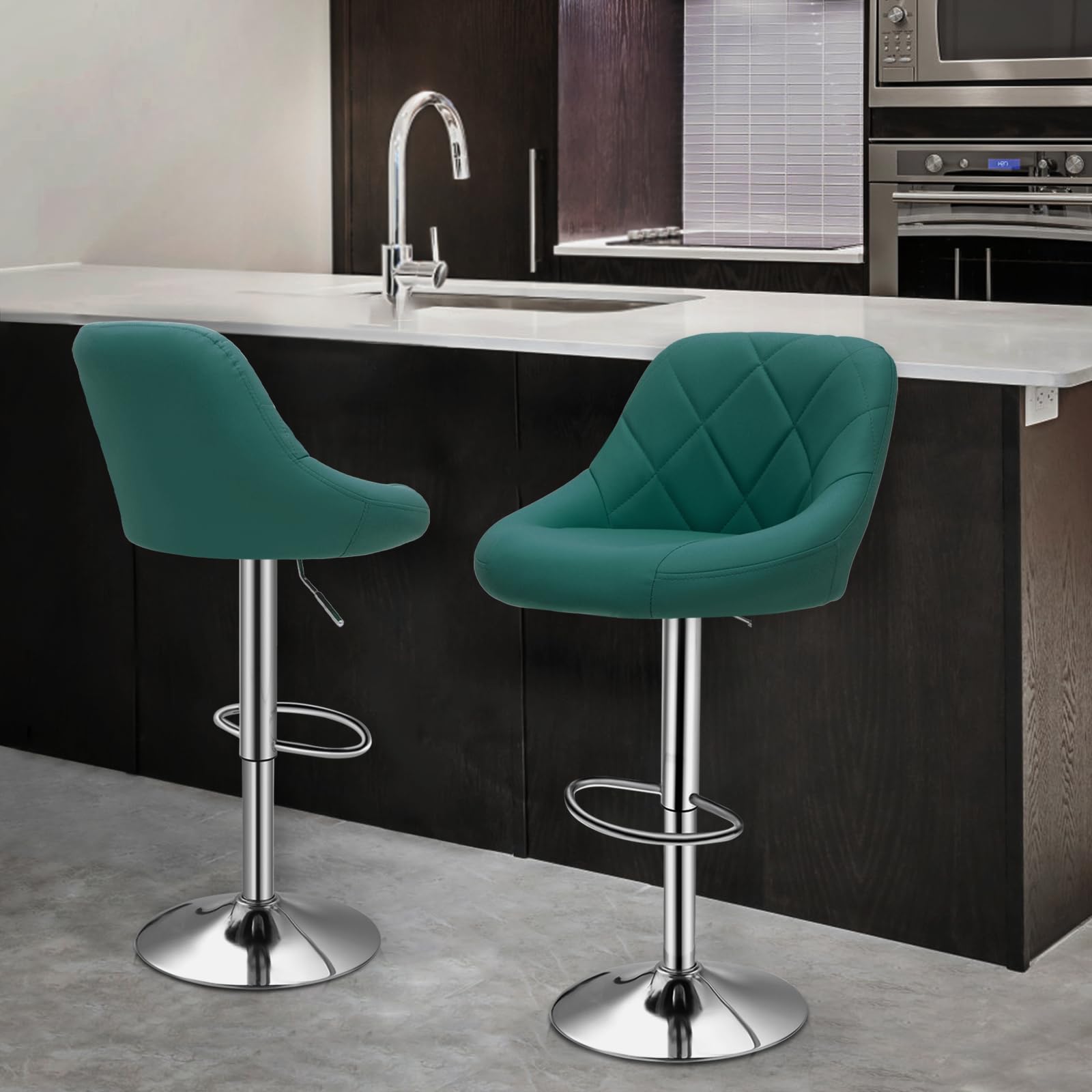 MoNiBloom Teal Green 2-Piece Set of Adjustable Swivel Barstools, Metal Frame with PU Leather Upholstery, Ideal for Kitchen Counter or Island Seating