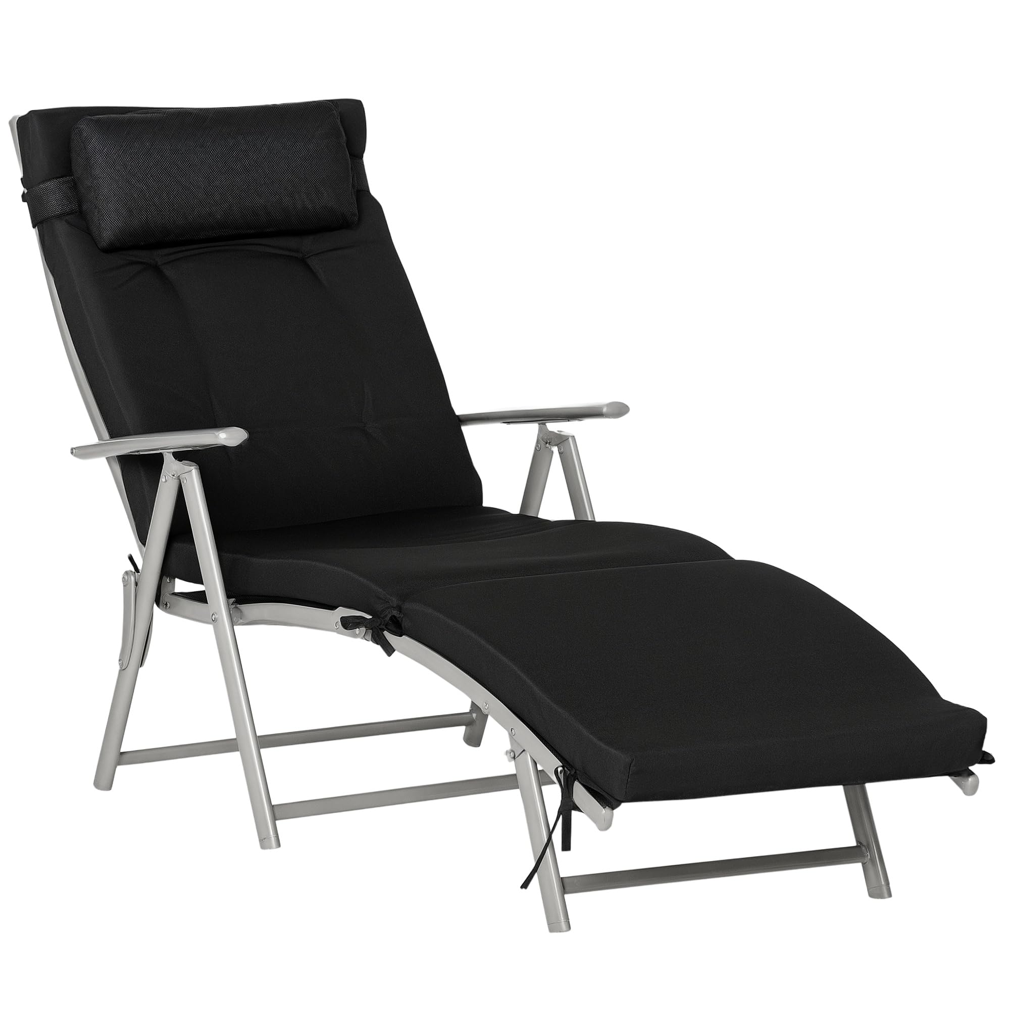 Outsunny Bain de Soleil Pliable Transat 7 Positions Charge 165 kg Noir | Inclinable, Chaise Longue, Dossier, Coussin, Appui-tête, Accoudoirs, Métal Époxy Textilène Polyester, pour Jardin, Piscine