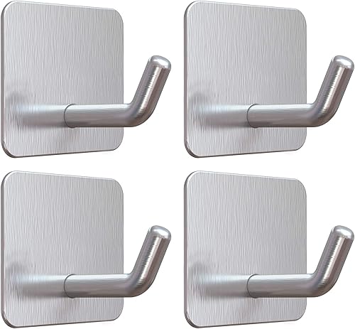 VIS'V Ganchos adhesivos, ganchos resistentes para pared de ducha, impermeables, 2 tiras adhesivas adicionales, color plateado, 4 unidades