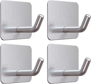 Adhesive Hooks, VIS'V Silver Self Adhesive Shower Wall Hooks Waterproof Stainless Steel Stick on Hooks Heavy Duty Kitchen Bathroom Sticky Hooks for Towel Loofah Key Cup Hat Coat - 4 Pcs