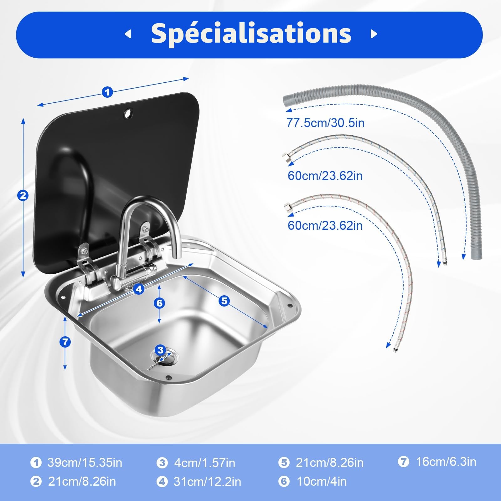 Lavabo simple à fermeture éclair avec couvercle, 41 x 36,5 x 16 cm, pour caravane, bateau, en acier inoxydable, pour camping-car, camping-car