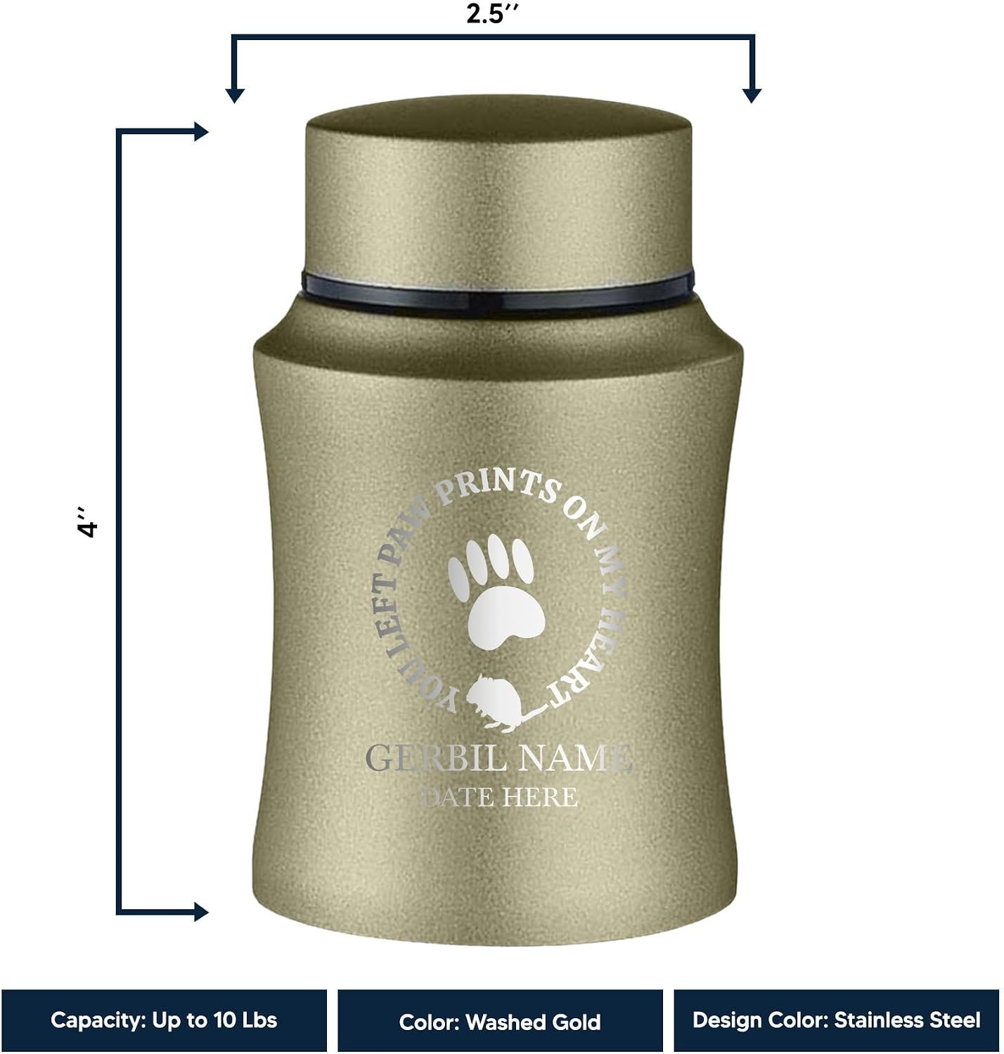 Customized Small Keepsake Gerbil Urn Personalized Engraved with Name, Date, and Design - 4" Cremation Mini Compact Urn for Gerbil's Ashes, 5–10 Lbs Capacity | Washed Gold, Gerbil Paw Print