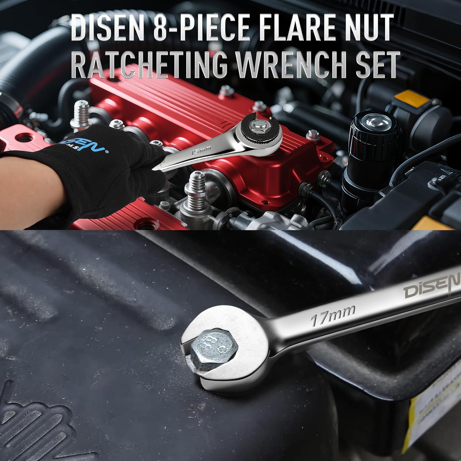DISEN 8PCS Flare Nut Wrench Set Brake Line Ratcheting Wrench Set Metric 8-17mm, CR-V Steel with Organizer Pouch, Father's Gift