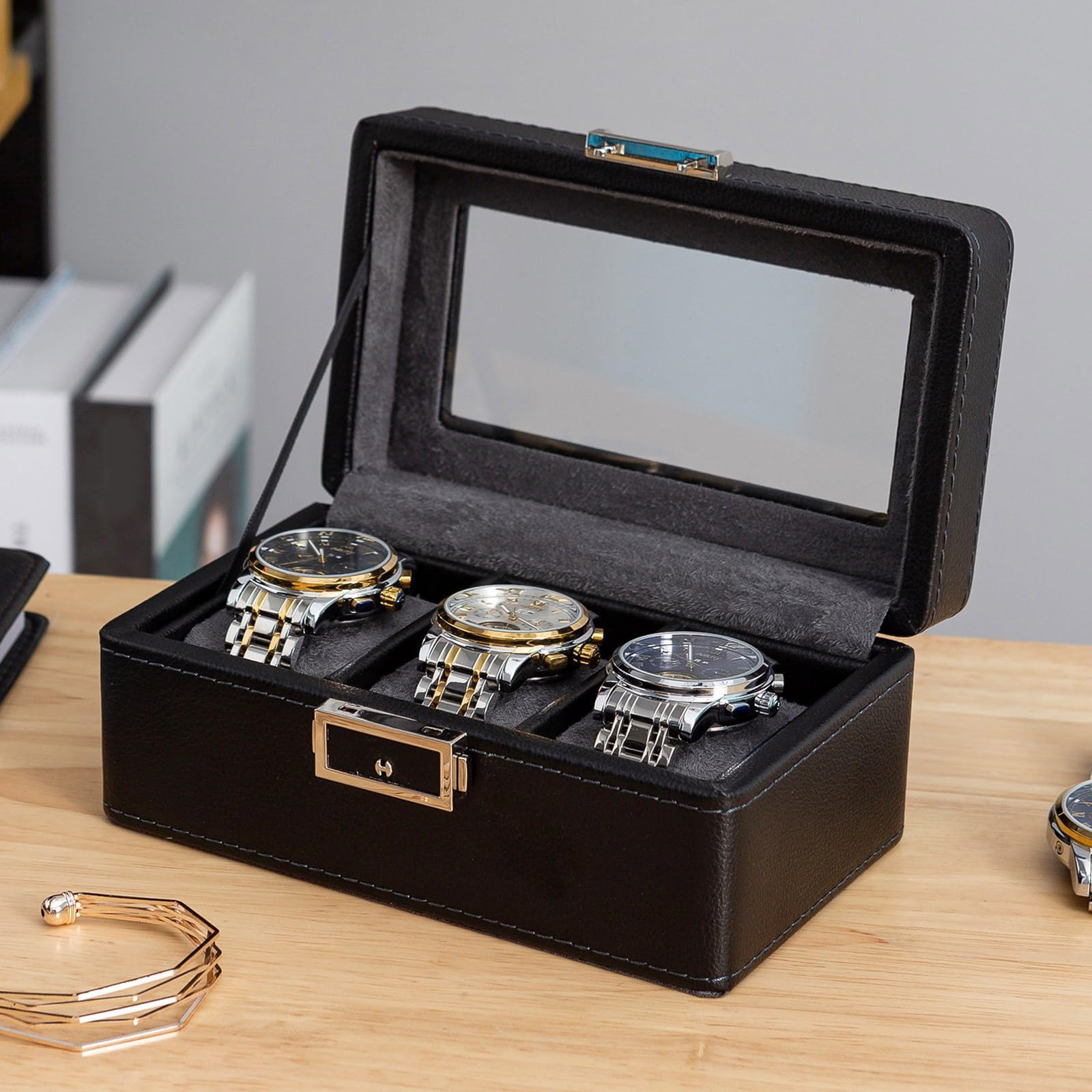 Pratica valigetta per gli organizzatori di orologi con cassetto stabile imbottito ed estraibile, portatile per la conservazione dei gioielli in pelle
