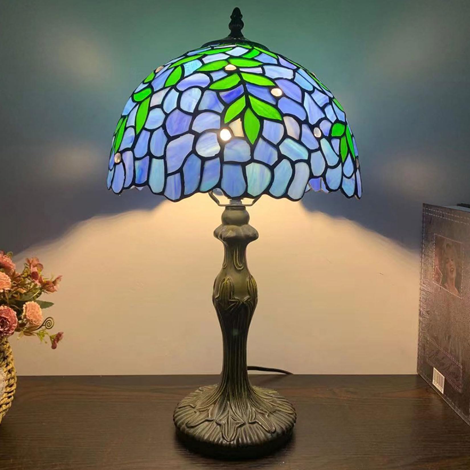 BOTOWI Wisteria Lamp Tiffany Style Table Lamp with Alloy Base, Blue Purple Flower Green Leaf Lamp 12" Wide Nightstand Lamps, Vintage Desk Light for Home Coffee Living Office Study Bookcase,Blue