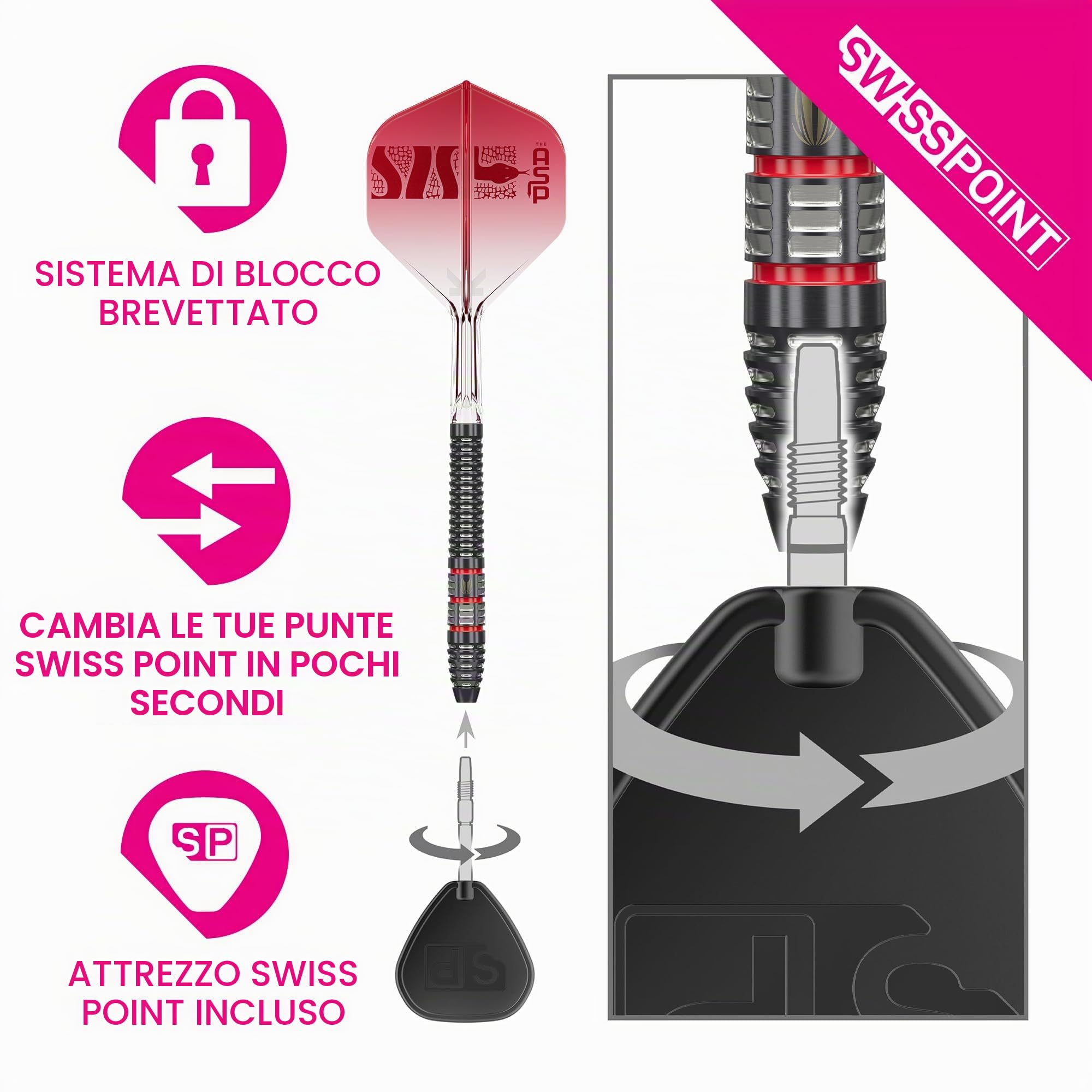 Target Darts Nathan Aspinall Punta in Acciaio 95K Freccette Set, 22G/24G/26G | 95% Tungsteno Freccettes, K-Flex N. 2 Aliette e Aste, Svizzero Storm Nero & SP Tool incluso | Player Edition Professional
