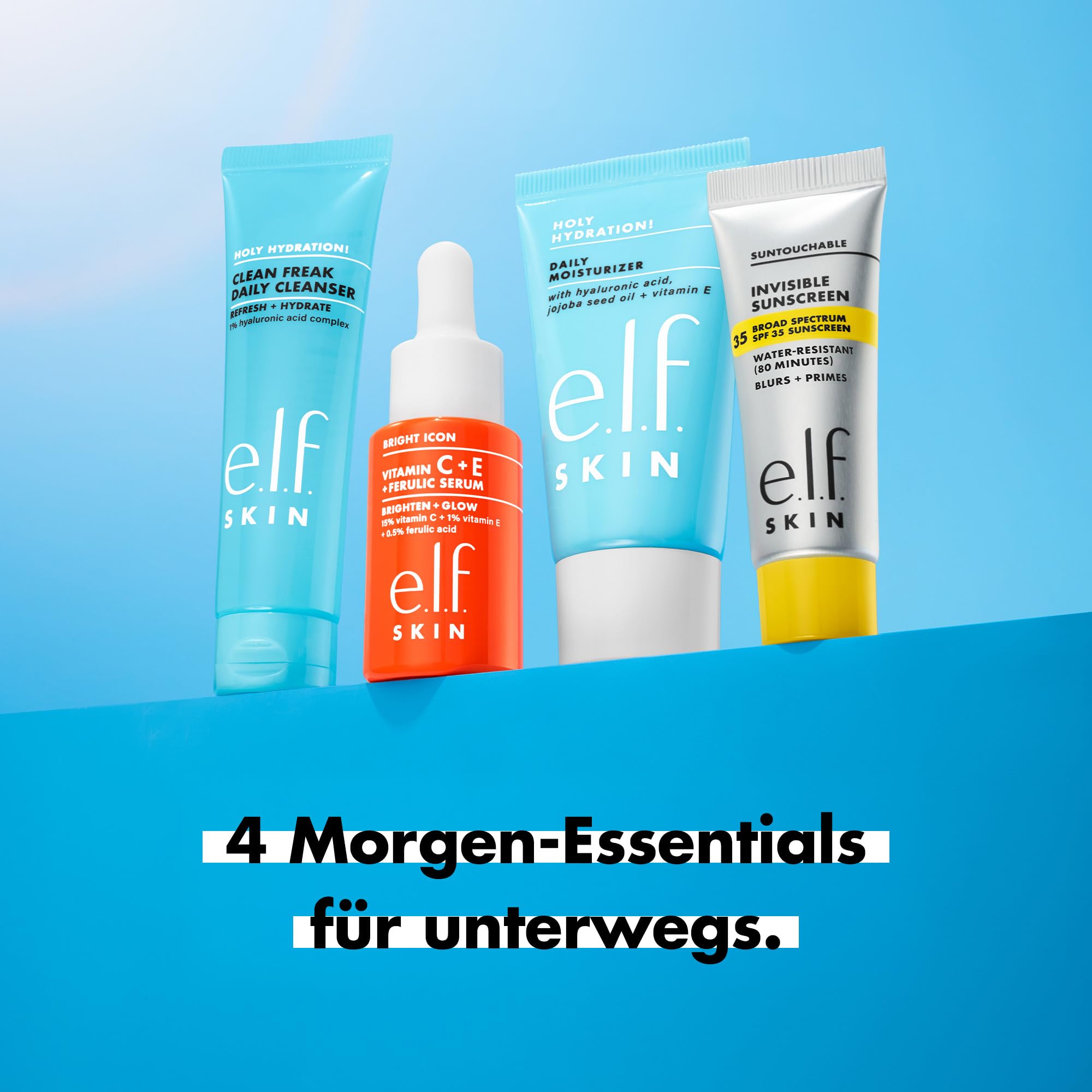 e.l.f. SKIN Wake the e.l.f. Up Skincare Kit, Feuchtigkeitsspendender Gesichtsreiniger in Reisegröße, Sonnenschutz, Feuchtigkeitscreme und aufhellendes Serum, Vegan und tierversuchsfrei