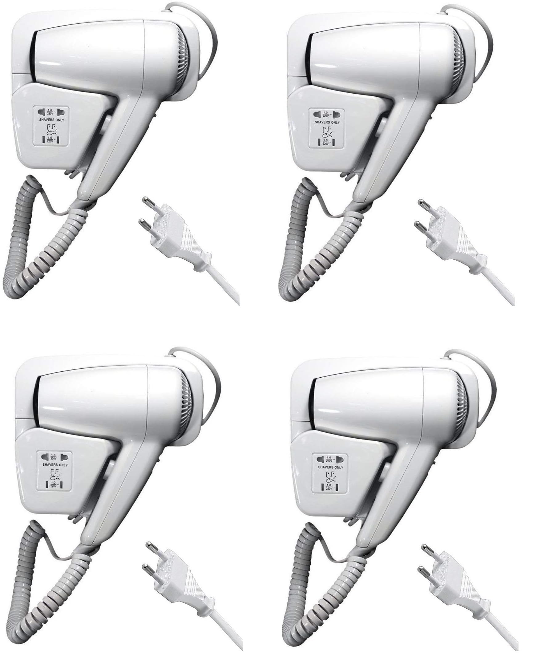 CW512-4 - Secador de pelo de pared de 1300 W para hotel, B&B, gimnasio, profesional Phon con soporte de pared, seguridad IP21, enchufe de afeitadora integrado, color blanco