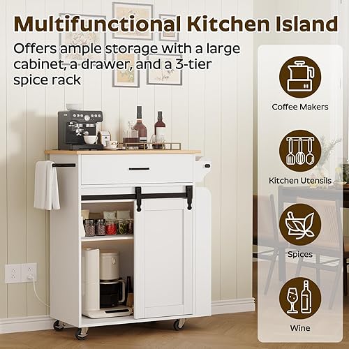 Miniatura 4 de Isla de cocina con almacenamiento, gabinetes de almacenamiento de cocina con estación de carga, isla de cocina sobre ruedas, mesa de isla rodante