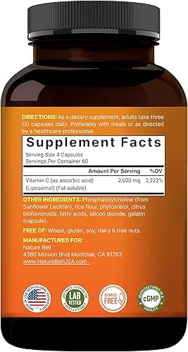 Miniatura 7 de NatureBell Vitamina C liposomal 2,000 mg por porción, 240 cápsulas | Vitaminas solubles en grasa de alta absorción – Suplemento antioxidante de