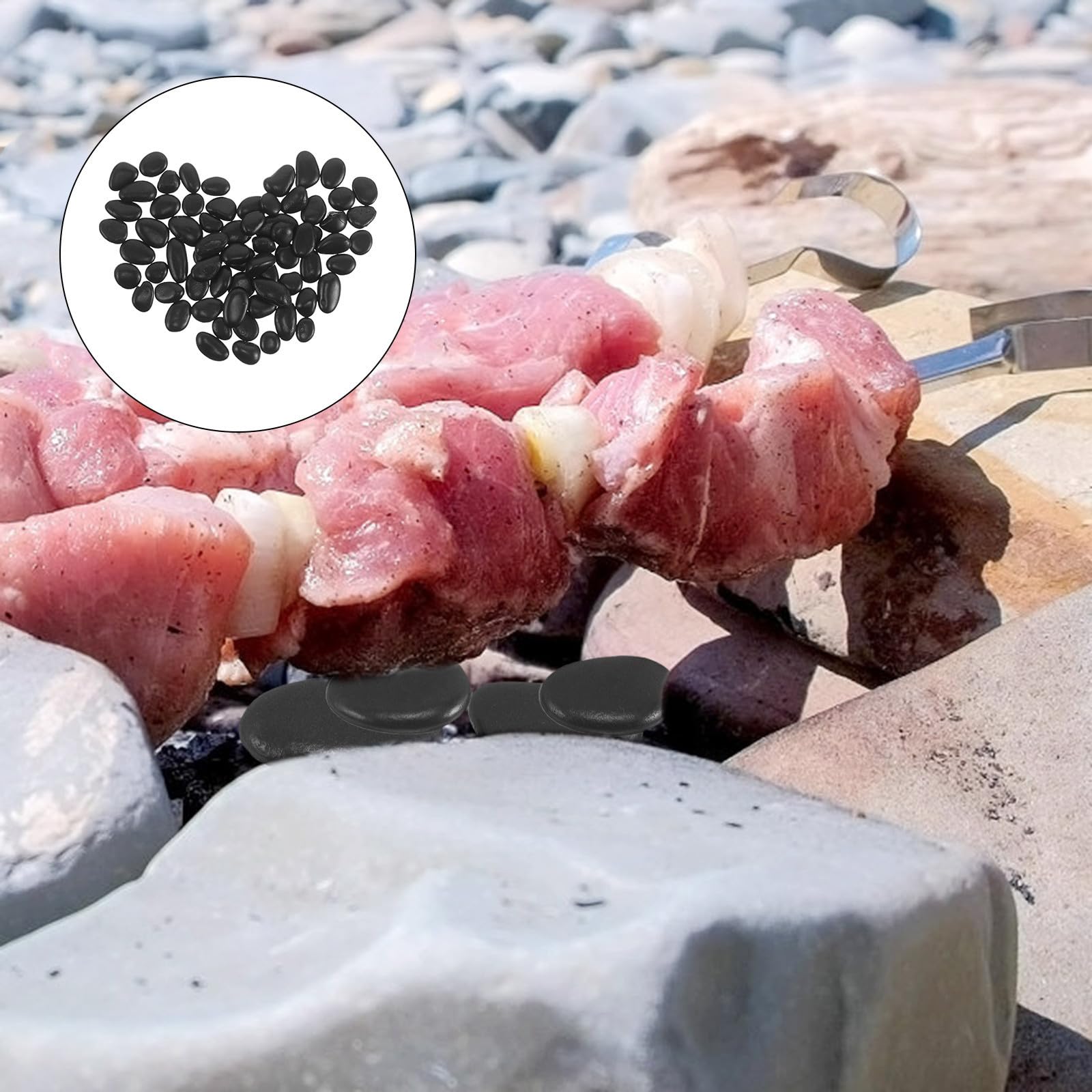 KALLORY Pierre à Steak Chaude Naturelle en Galets de Cuisson Noirs en Cobblestone 1kg pour Cuisson Polyvalente et Entretien Facile, pour Grillades et Repas en Intérieur