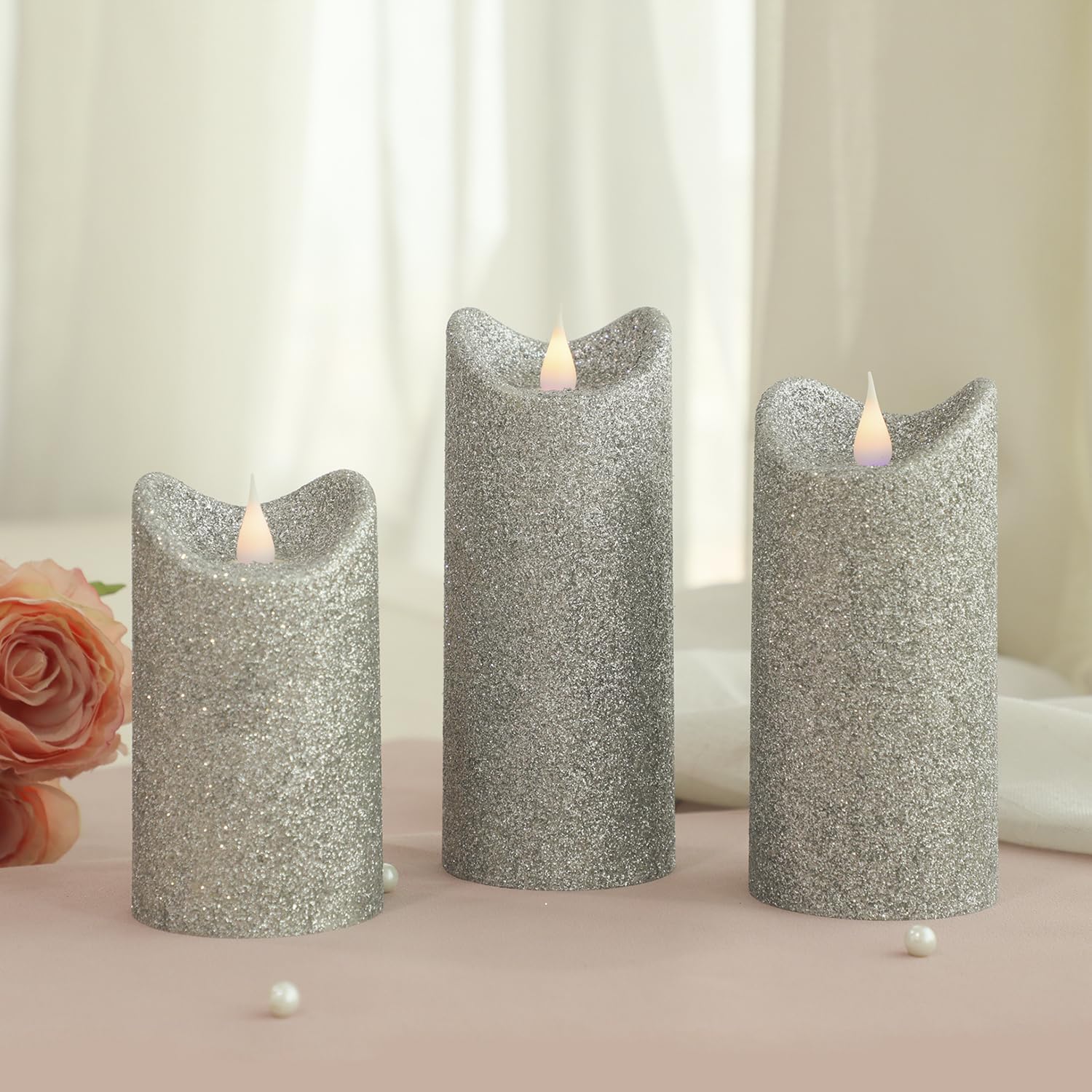 Silver Glitter Candle 3D Moving Flame LED Candle Sets with Remote, Set of 3 Real Flame Effect Battery Operated Flameless Candle, Home Decor Table Centerpiece