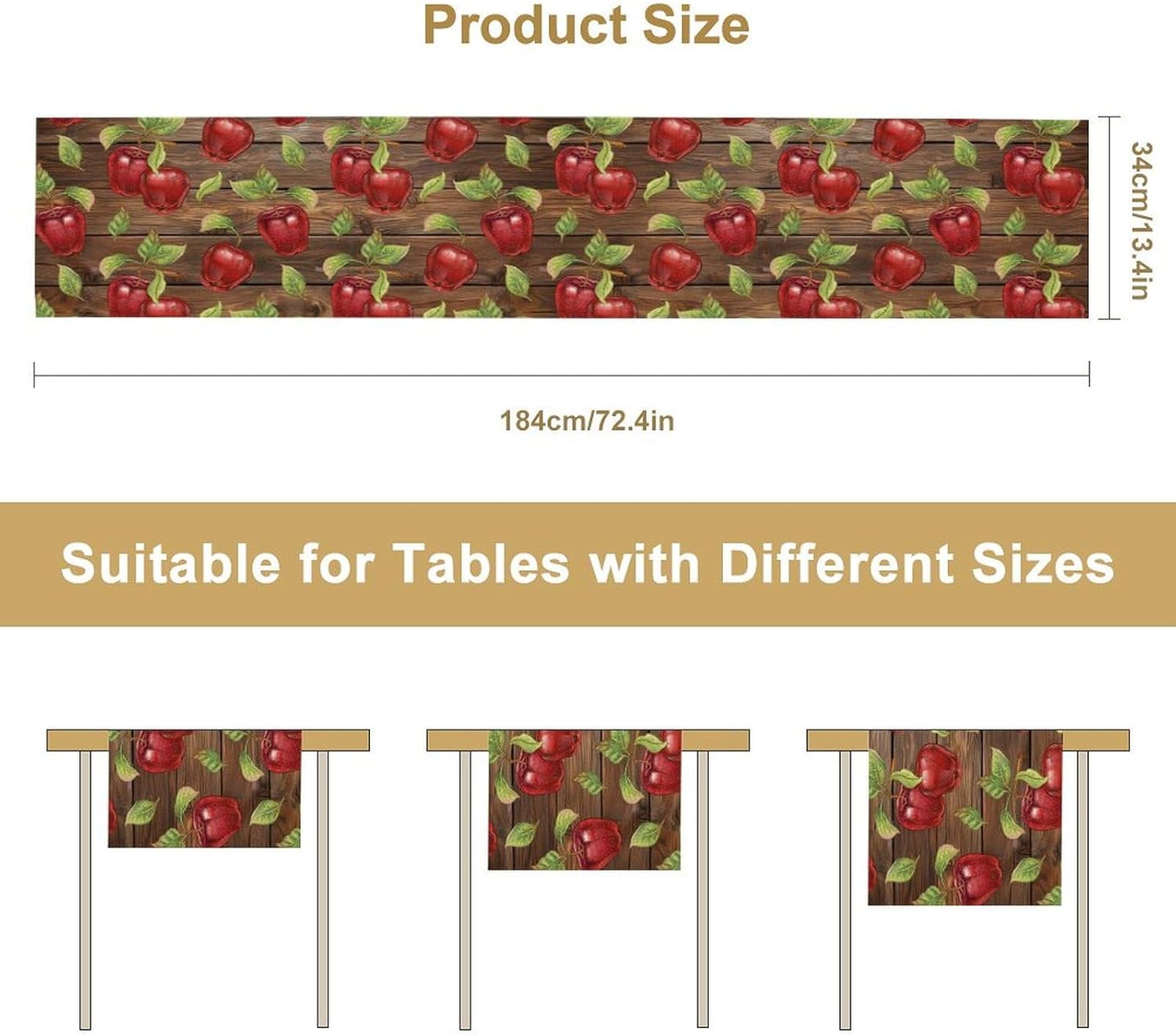 Sweet Apples Table Runner, Fresh Apples Fruit Rustic Wooden Background Table Runner for Kitchen Dining Party Picnic Outdoor 13x120in