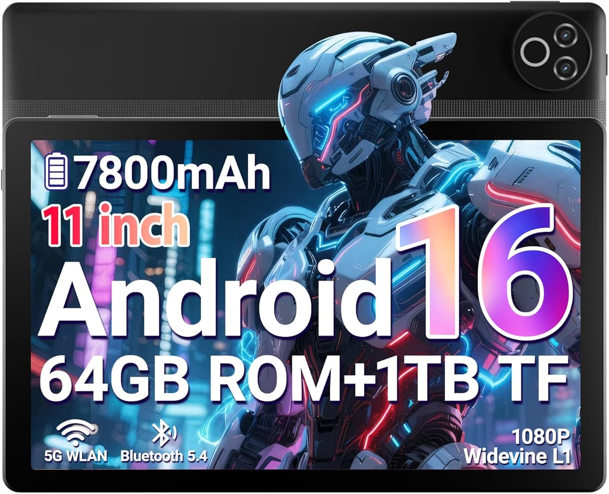 Tablet 11 Zoll, Android 16 Tablet mit 20GB RAM 64GB ROM/1TB TF, 7800mAh Akku, 5G WiFi, Widevine L1, Bluetooth 5.4, 1080P Display, 5MP+8MP Kamera, OTG, Schwarz