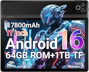 🎫🎫 DOUBLE COUPON! Tablet 11 Inch Android 16 Tablet with 20GB RAM 64GB ROM/1TB TF, 7800mAh Battery, 5G WiFi, Widevine L1, Bluetooth 5.4, 1080P Display, 5MP + 8MP Camera, OTG, Black