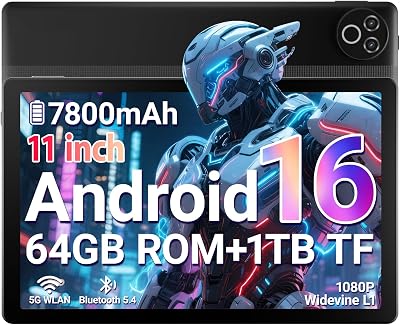 Tablet 11 Zoll, Android 16 Tablet mit 20GB RAM 64GB ROM/1TB TF, 7800mAh Akku, 5G WiFi, Widevine L1, Bluetooth 5.4, 1080P Display, 5MP+8MP Kamera, OTG, Schwarz