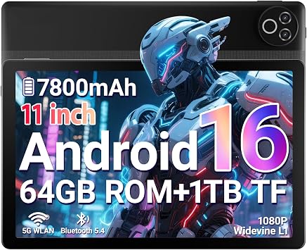 Tablet 11 Zoll, Android 16 Tablet mit 20GB RAM 64GB ROM/1TB TF, 7800mAh Akku, 5G WiFi, Widevine L1, Bluetooth 5.4, 1080P Display, 5MP+8MP Kamera, OTG, Schwarz