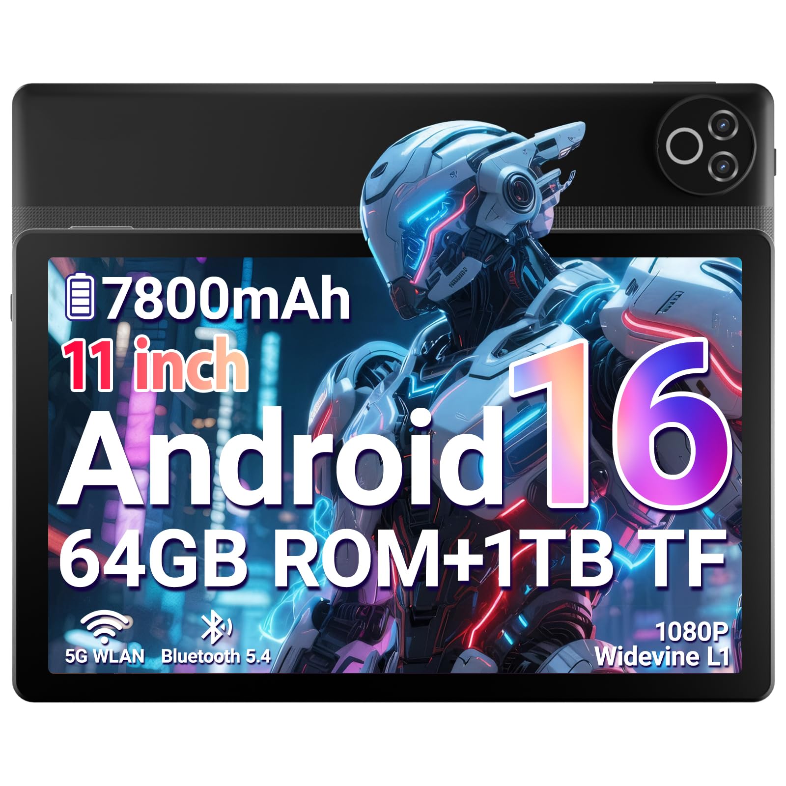 Tablet 11 Zoll, Android 16 Tablet mit 20GB RAM 64GB ROM/1TB TF, 7800mAh Akku, 5G WiFi, Widevine L1, Bluetooth 5.4, 1080P Display, 5MP+8MP Kamera, OTG, Schwarz