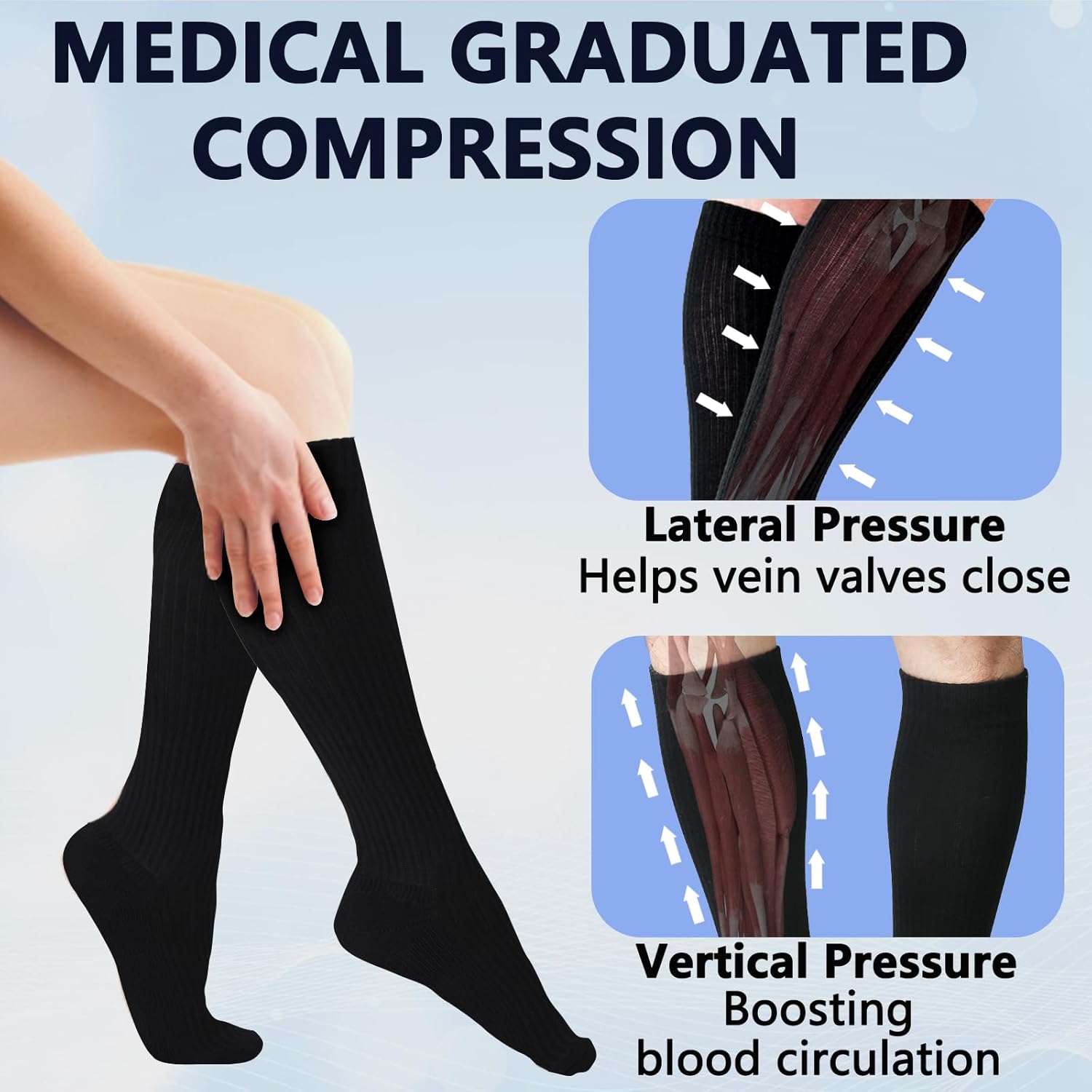 +MD Cotton Compression Socks for Women & Men 4/6 Pairs 15-20mmHg Knee High for Sports, Travel, Nursing Long Sitting Standing