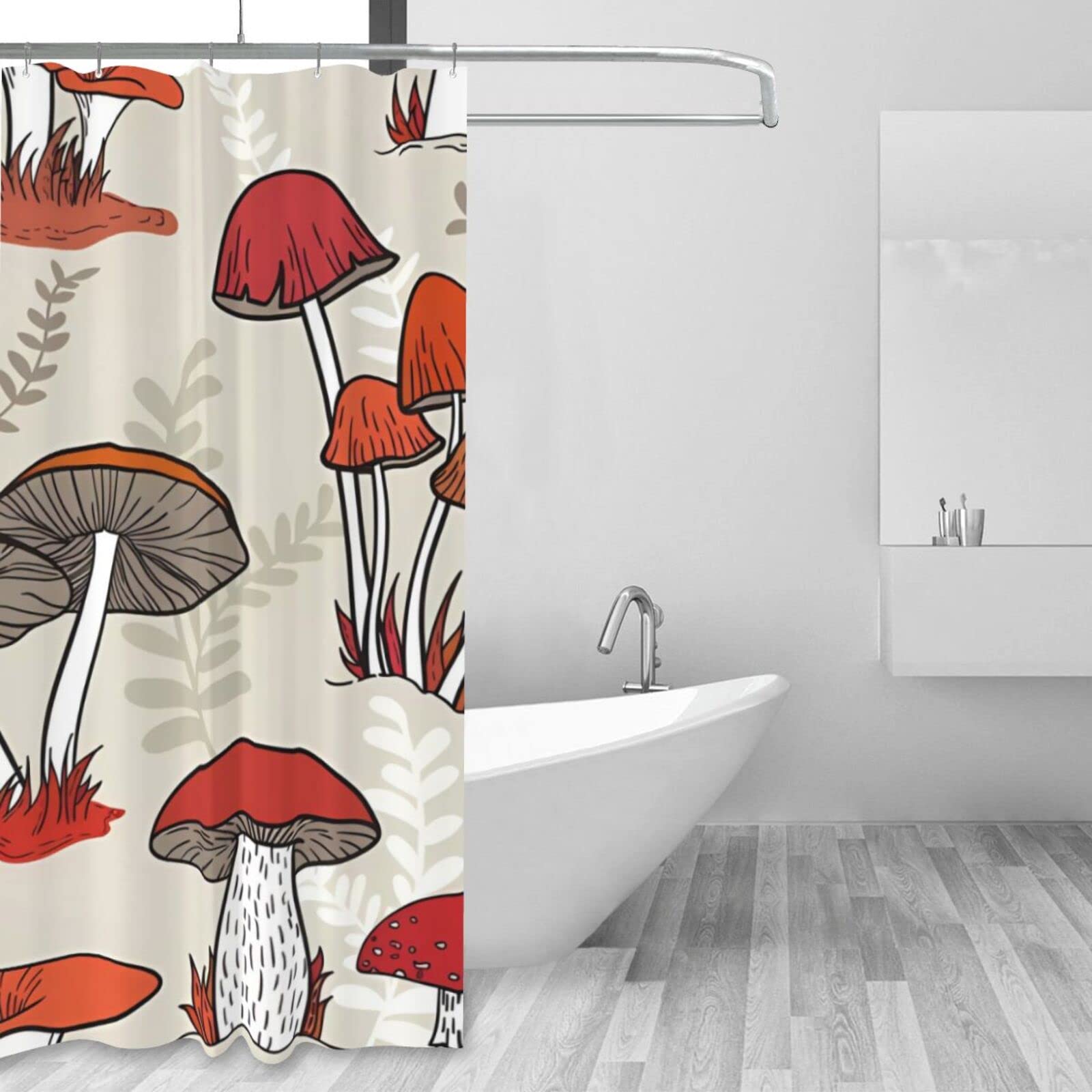 Tenda Doccia Con Funghi Rossi E Farfalle: Tessuto Poliestere Impermeabile 150x172 Cm Con Ganci