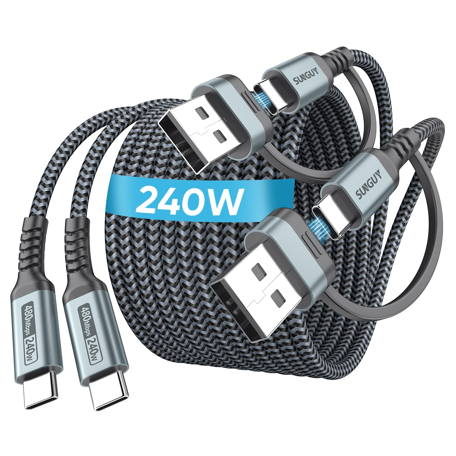 SUNGUY 240W USB-C Charge Cable 1m/3.3ft, 2-Pack USB Type C to Type C Fast Charging Braided Cord for iPhone 16 15 Pro Max Plus, Galaxy S24/S23/S22 Heavy Duty USB C Charger Cable