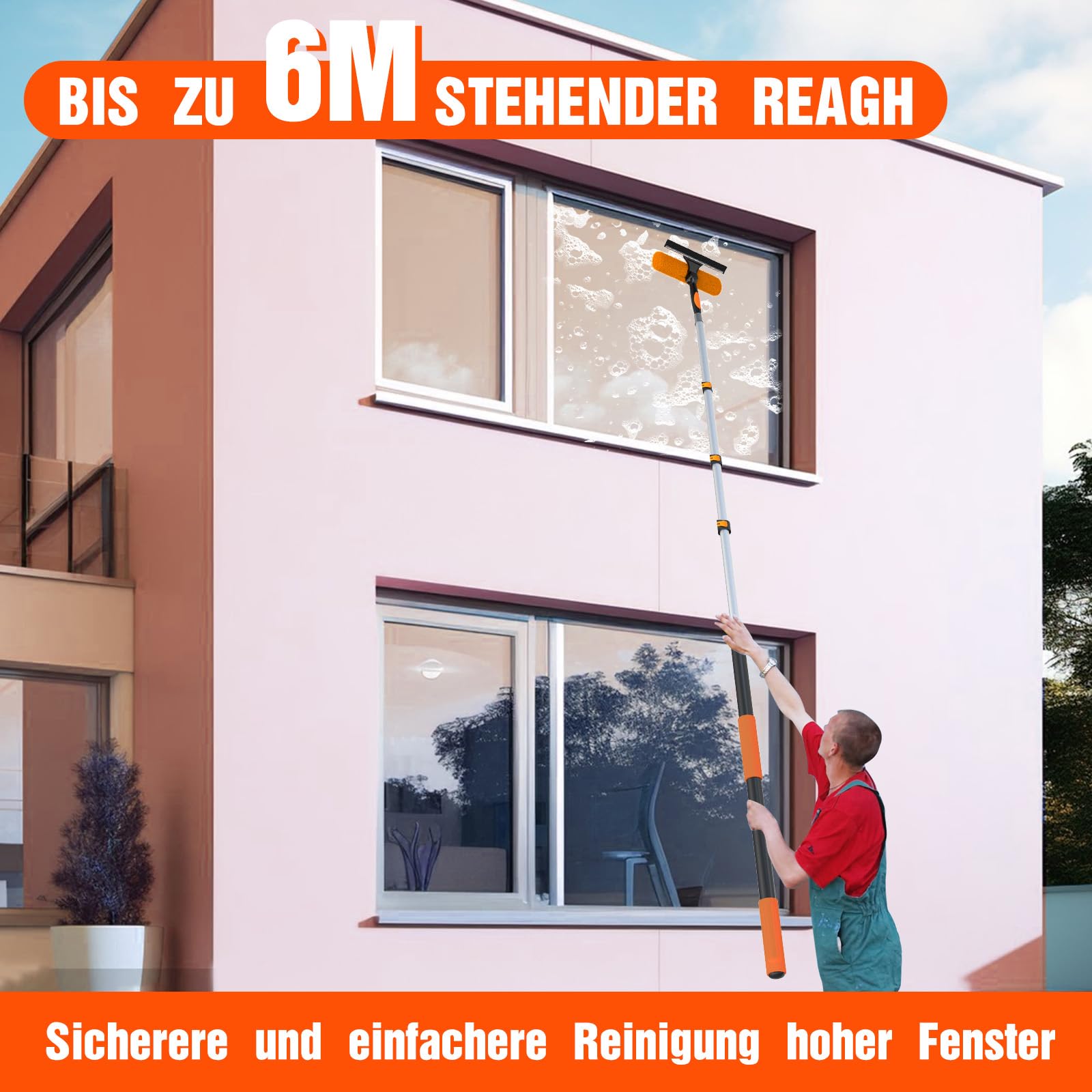 LAANPOLE 6m Fensterputzer Teleskop, 2-in-1 Fensterabzieher für die Fensterreinigung, Fensterwischer mit Teleskopstiel ür den Außen- und Innenbereich