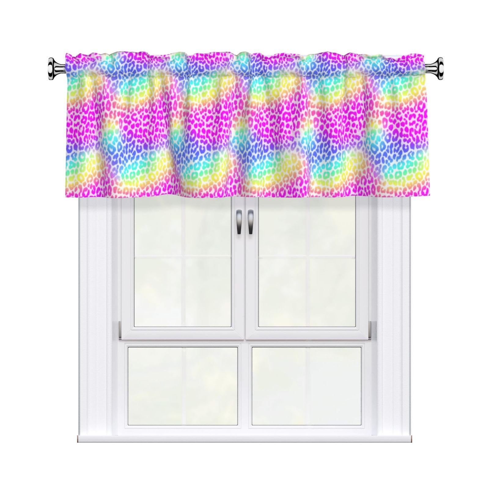 Woshuwo Rainbow Color Leopard Spots Valances For Windows Rod Pocket Window Treatment Short Curtains For Kitchen Living Room Bedroom Decor 54x18in