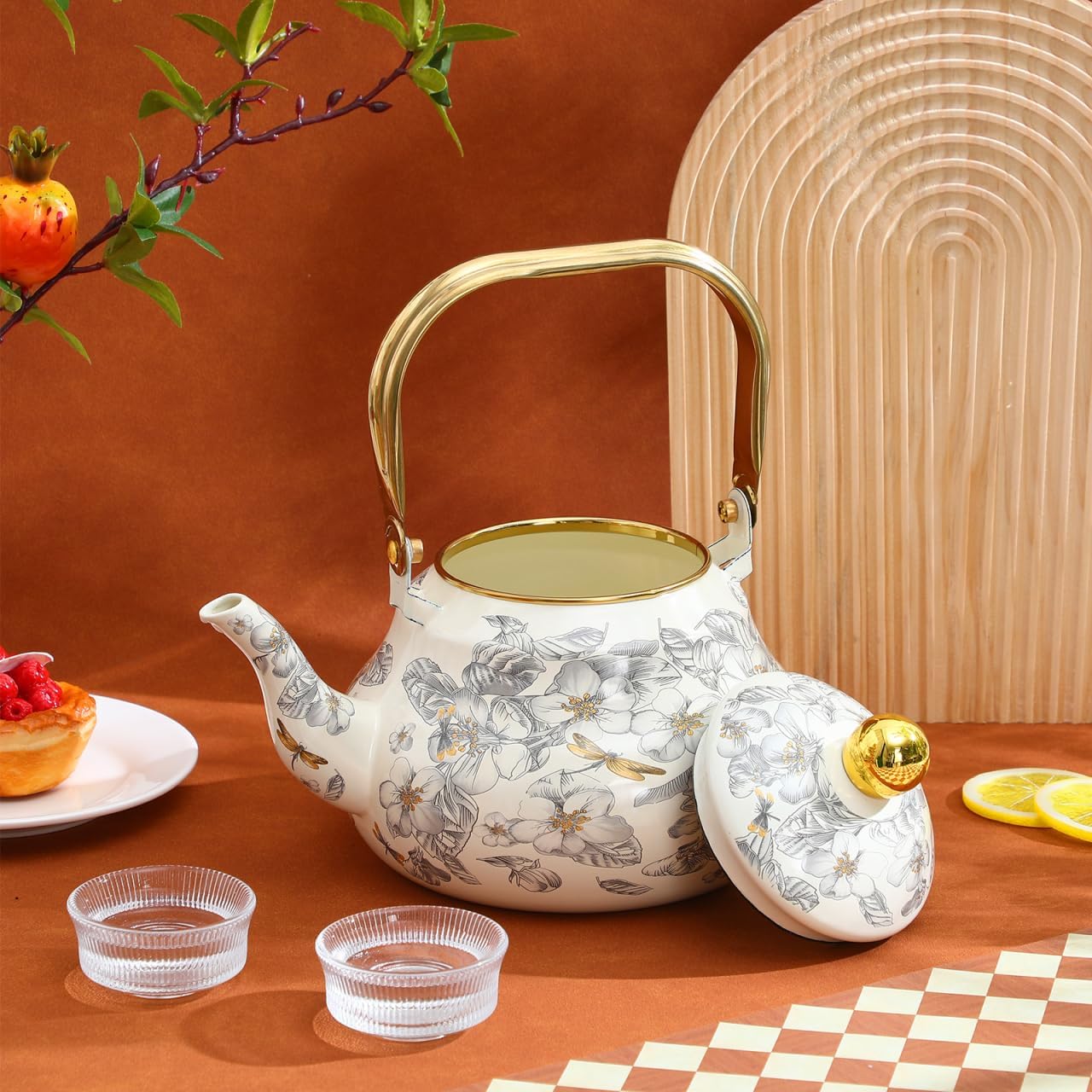 Cabilock Vintage Enamel Tea Kettle, Floral Enamel on Steel Teapot 2L Stovetop Ceramic Teakettle Retro Classic Water Boiler with Cool Handle for Home Kitchen Decor