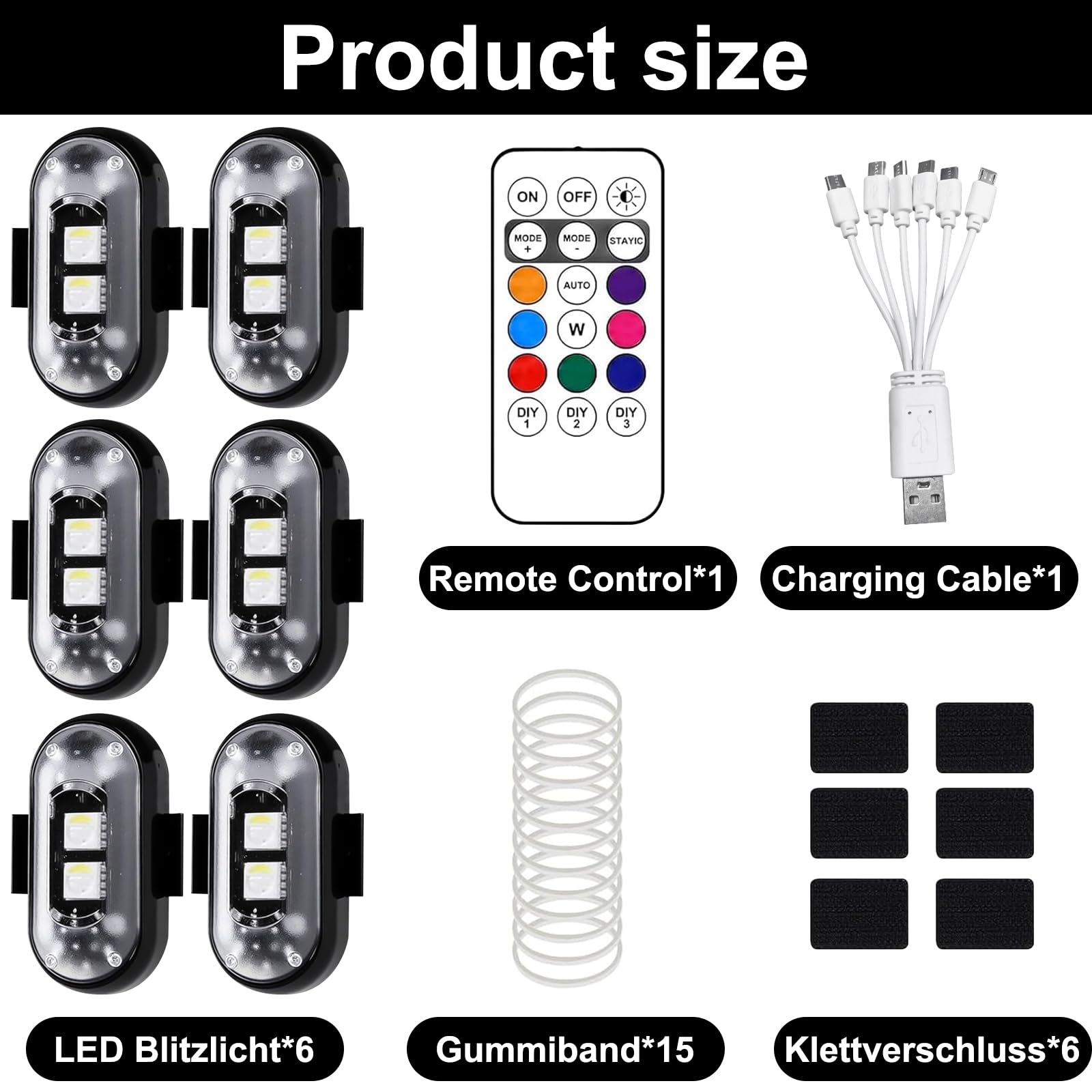 6 Pezzi Luci a LED Senza Fili, Luci anticollisione per Auto Impermeabili a 8 Colori con Telecomando, Lucis Lampeggianti Ricaricabili USB Per Auto, Drone, Camion, Moto