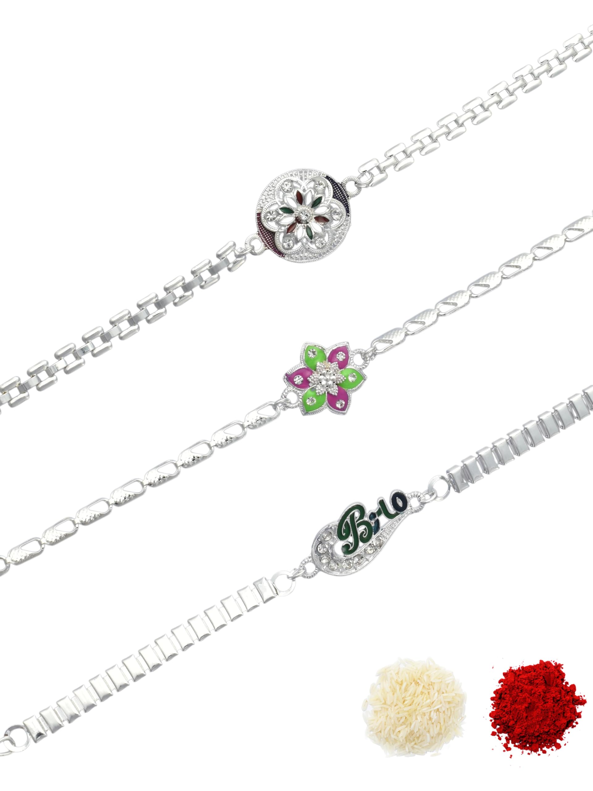 Premium Multi-coloured Minakari Finish Silver-Plated Combo of 3 Bracelet Type Chain Stylish Rakhi for Raksha Bandhan for Brother, Bhai, Bhaiya, with Roli Chawal and Greeting Card-62-image-10