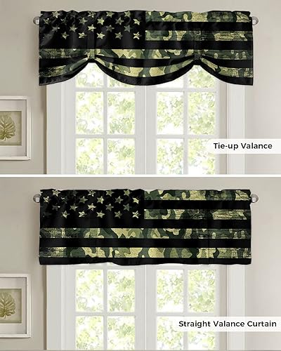 Miniatura 5 de Cortinas opacas con estampado militar de camuflaje verde rústico con diseño de bandera estadounidense para ventanas de cocina, decoración de ventana