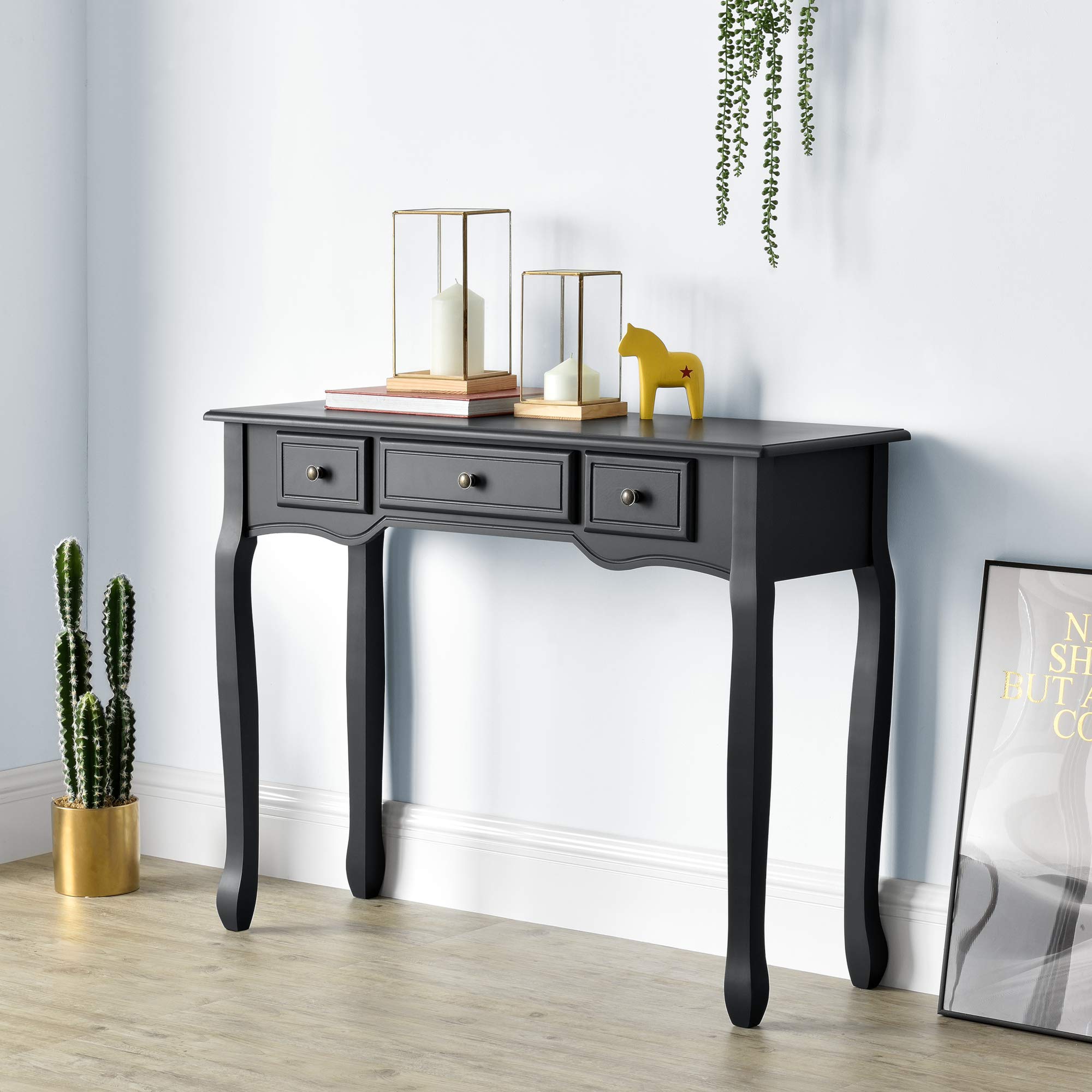 [en.casa] Mesa Consola con 3 cajones 78 x 100 x 35 cm Cómoda Armario Recibidor Vintage MDF/Pin Negro