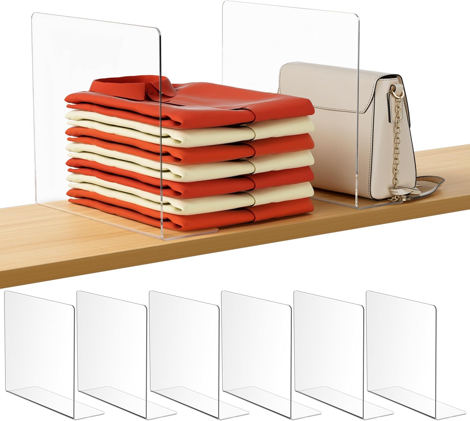 HBlife Acrylic Shelf Dividers for Closet Organization, 8 Pack Clear Sturdy Separate Closet Dividers for Shelves, Adjustable Purse Organizer for Sweater, Shirts, Handbags, Books in Bedroom and Kitchen