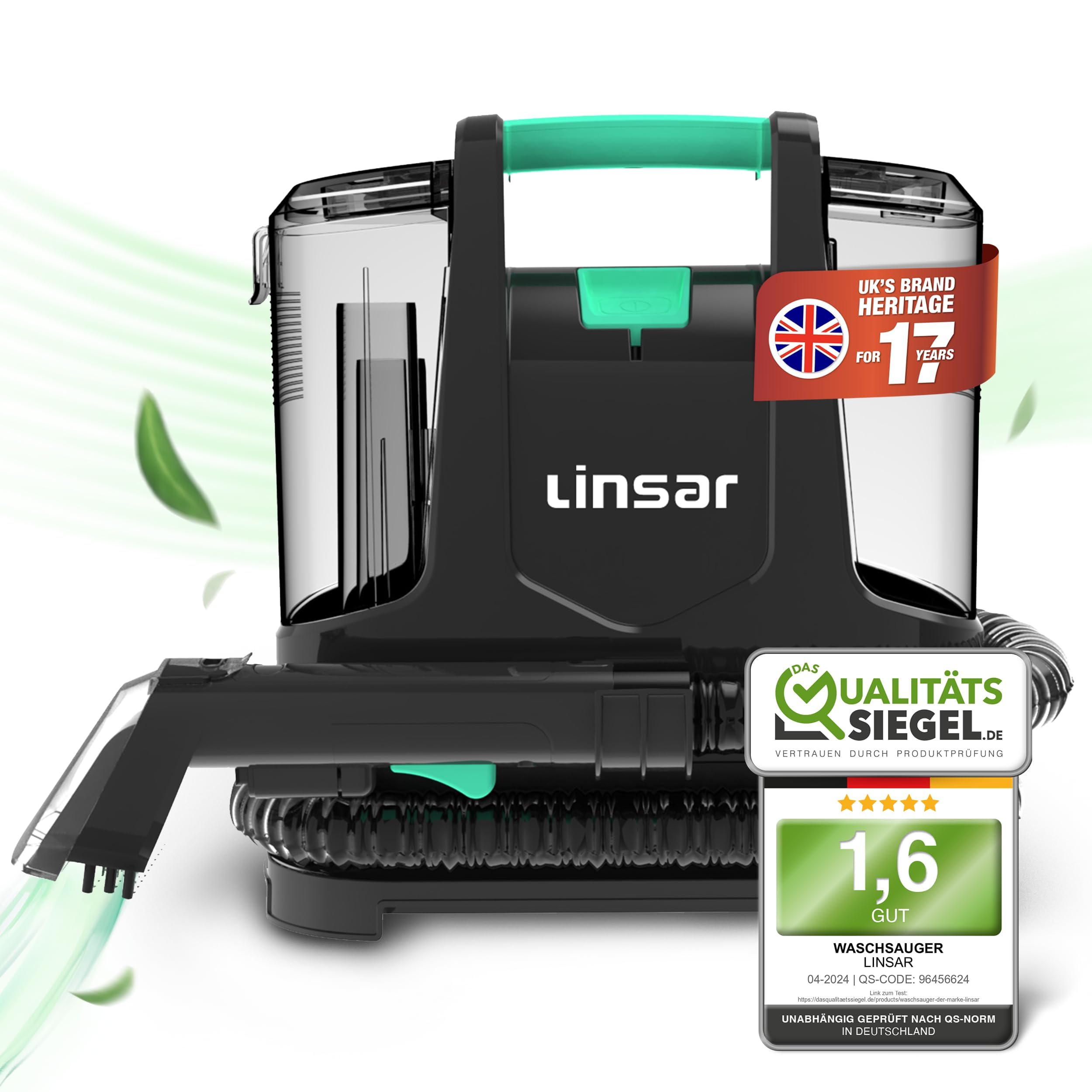 Linsar - Aspiradora de Agua tapiceria - Pulveriza, friega y aspira - en seco y húmedo para escaleras, tapicerías y alfombras - Cable de 3,3 m - 2 Accesorios - 400 vatios