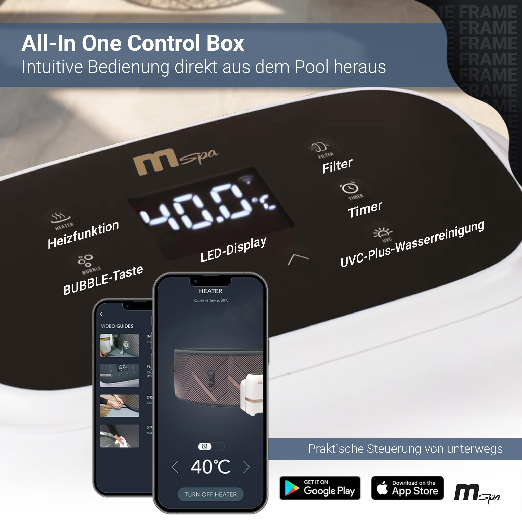 Miweba MSpa Whirlpool Outdoor | Frame Mono 6 Personen Pool - Aufstellpool mit smarter App Steuerung - UVC+ Wasserreinigung - Spa ⌀ 173.0 cm - Hot Tub - Aufblasbarer Whirlpool - Swimmingpool aufblasbar