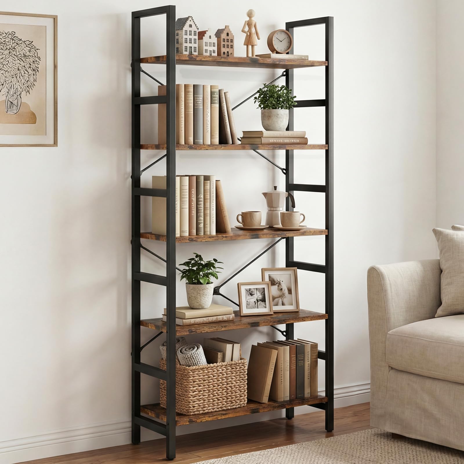 MAXLEAD 5 Tier Industrial Bookshelf, Heavy Duty Storage Shelves, Rustic Wood Look Shelving Unit for Living Room, Bedroom, Kitchen, Office