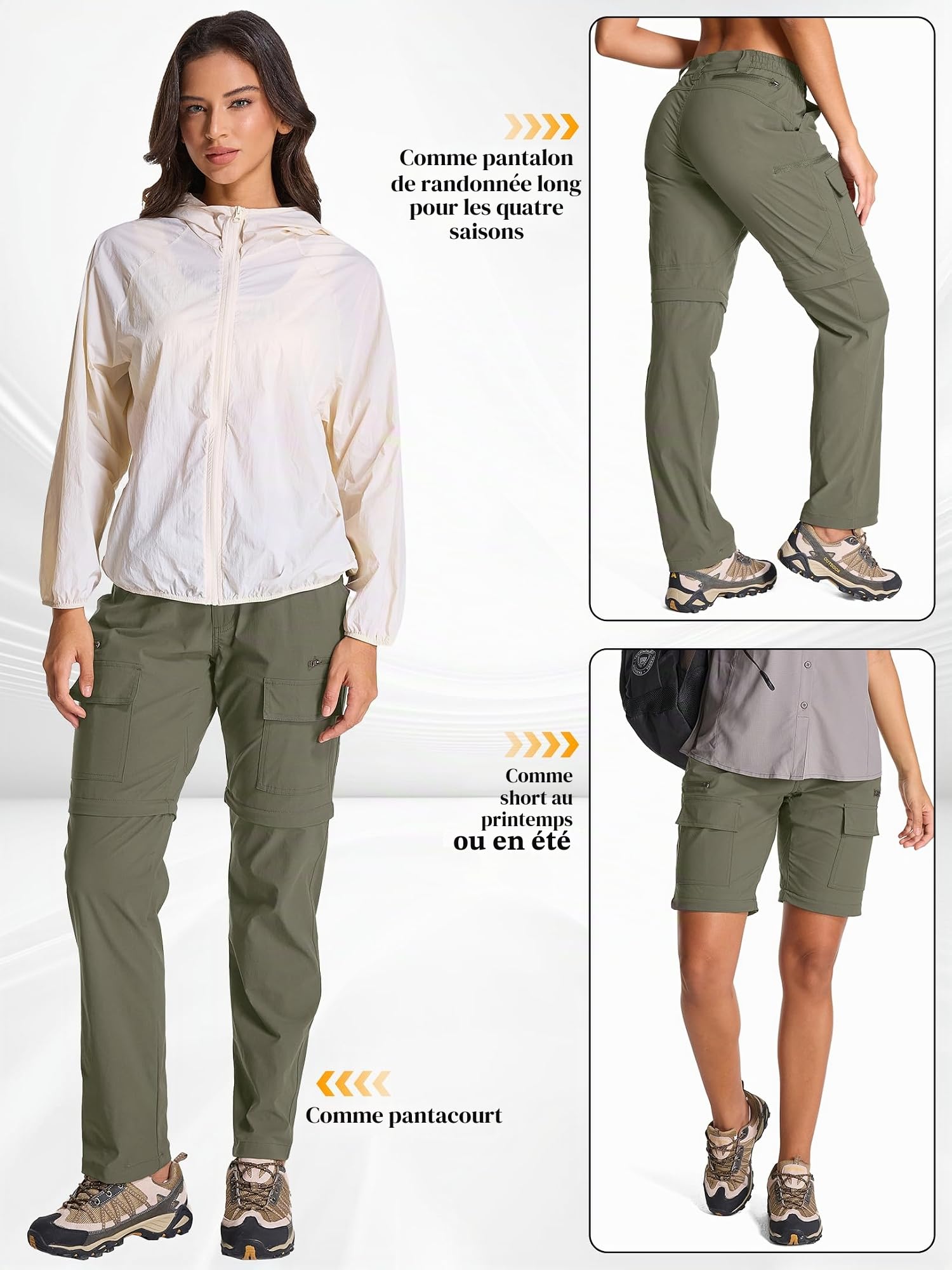 Pantalon de randonnée zippé pour Femme, Convertible léger à séchage Rapide pour Femme léger et Amovible, Respirant et à séchage Rapide idéal pour Le Safari, pour l'été et Le Travail