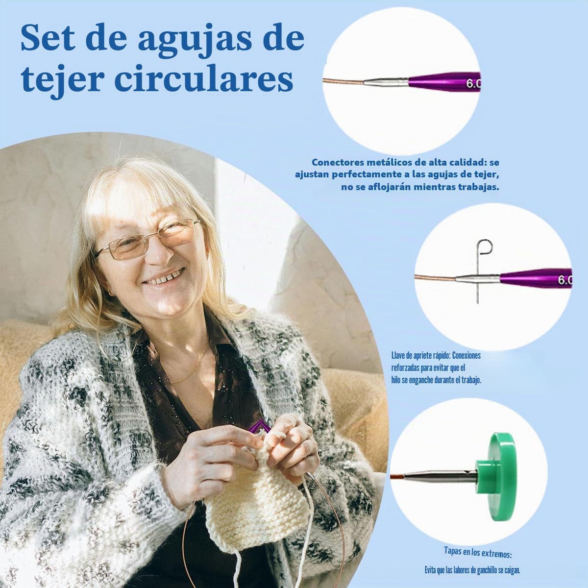 Knitiss Set de agujas circulares intercambiables de tejer, 9 pares de agujas cortas de 5 cm desde 3,0~6,0 mm, agujas intercambiables con 4 cables