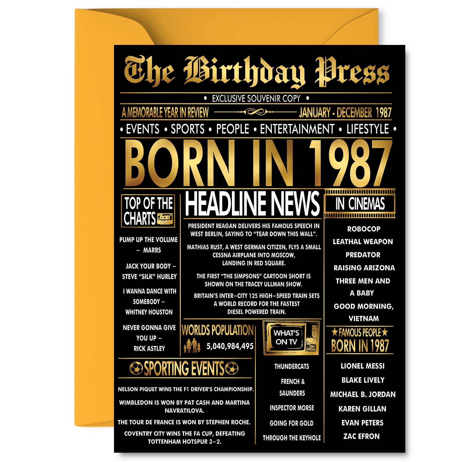 Gold 39th Birthday Card for Men Women - Black & Golden Newspaper Born in 1987 - Happy 39 Birthday Cards for Colleague Husband Friend Uncle Auntie Nephew, 5x7 Inch Bday Greeting Cards